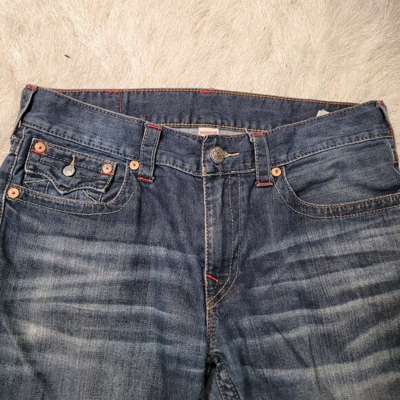 True Religion Mens Bootcut Jeans Sz 34 Whiskered Blue - Picture 8 of 12